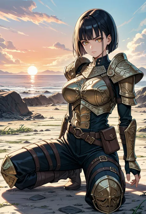 score_9, score_8_up, score_7_up , source_anime, masterpiece, best quality, perfect anatomy , very aesthetic , absurdres, 1girl, a beautiful and stoic female warrior, black Blunt Cut hairstyle, gold eyes, serious expression, toned body, large breasts, wearing hauberk armor, faded leather pants, ornate etchings, (sunset:1.3), black and etched copper aesthetic, on the ground, clothing ripped off, defeated