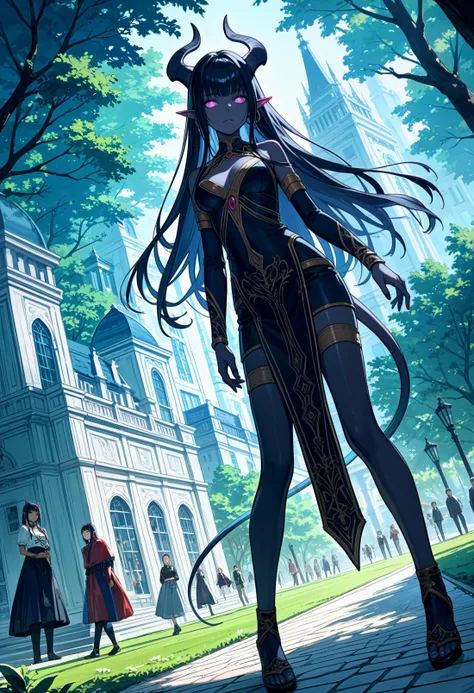 score_9, score_8_up, score_7_up , source_anime, masterpiece, best quality, perfect anatomy , very aesthetic , absurdres, Nemesis: A wavering mist takes form, elongating into dark tendrils. Her hair flows like an inky black mist, her eyes a swirling bright magenta. Her form is that of a beautiful woman, hourglass figure, (tiefling with black skin), dutch angle, (central park), (night)