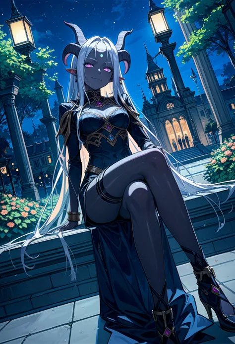 score_9, score_8_up, score_7_up , source_anime, masterpiece, best quality, perfect anatomy , very aesthetic , absurdres, Nemesis: A wavering mist takes form, elongating into dark tendrils. Her hair flows like an inky black mist, her eyes a swirling bright magenta. Her form is that of a beautiful woman, hourglass figure, (tiefling with black skin), dutch angle, (central park), (night:1.3), sitting, legs crossed, smug