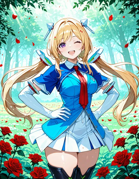 score_9, score_8_up, score_7_up , source_anime, masterpiece, best quality, perfect anatomy , very aesthetic , absurdres ,
BREAK
akiFirst, detached hair, low twintails, blonde hair, gradient eyes, purple eyes, headgear, elbow gloves,cropped jacket, white gloves, black footwear, thigh boots, white skirt, blue jacket, white skirt, overskirt, red necktie, wink, blue, seductive smile, open mouth,
<lora:akirose_pony_v01a02:1>
BREAK
thick thighs, wide hips, motion lines, cowboy shot, hands on hips, large breasts, shaking hips, roses, outdoors, flower field, petal breeze, light rays, light particles, mature female, forest, ,