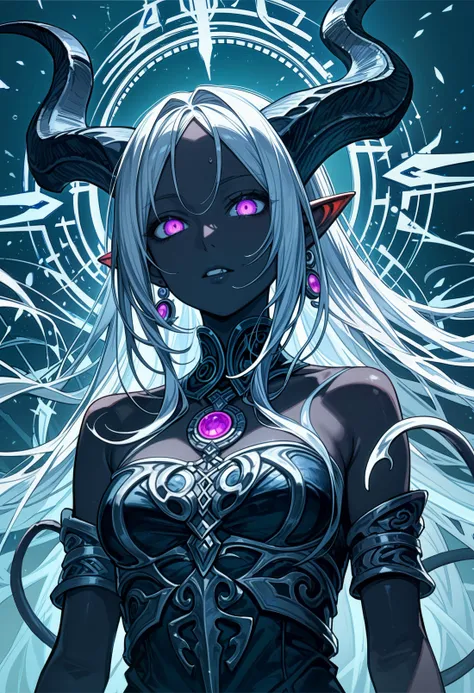 score_9, score_8_up, score_7_up , source_anime, masterpiece, best quality, perfect anatomy , very aesthetic , absurdres, Nemesis: A wavering mist takes form, elongating into dark tendrils. Her hair flows like an inky black mist, her eyes a swirling bright magenta. Her form is that of a beautiful woman, hourglass figure, (tiefling with black skin), (in the abyss)