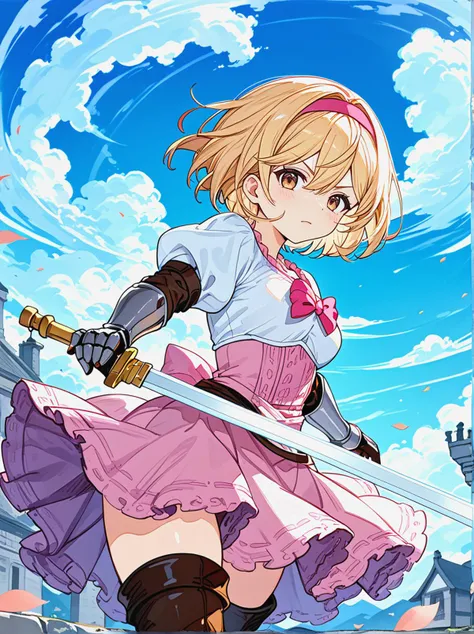 score_9, score_8_up, score_7_up, BREAK source_anime, best quality, masterpiece, uncensored,  rating_explicit,
1girl,djeetadef, pink hairband, dress, puffy sleeves, gauntlets, brown thighhighs, thigh boots,
serious,holding_sword,
blue_sky,cloud,
 <lora:spgbfDjeetaXLPony:1>