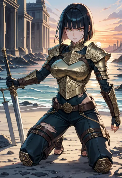 score_9, score_8_up, score_7_up , source_anime, masterpiece, best quality, perfect anatomy , very aesthetic , absurdres, 1girl, a beautiful and stoic female warrior, black Blunt Cut hairstyle, gold eyes, serious expression, toned body, large breasts, wearing hauberk armor, faded leather pants, ornate etchings, (sunset:1.3), black and etched copper aesthetic, on the ground, clothing ripped off, defeated