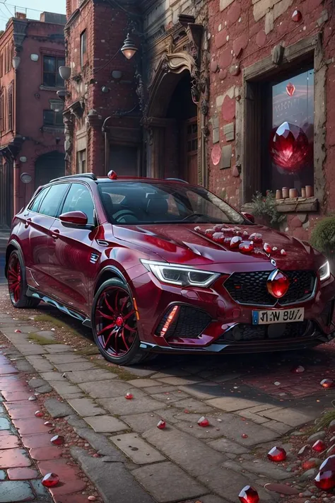 <lora:ruby-gem-style-darquelilly-v3:1> rubygemstyle, car, red crystals