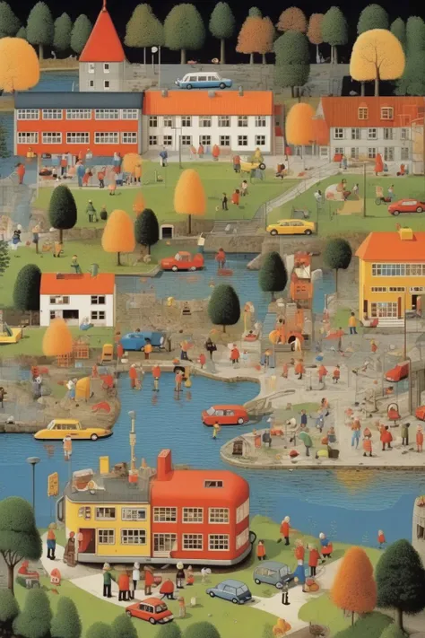 <lora:Richard Scarry Style:1>Richard Scarry Style - Pont-aven school, Richard scarry, surreal cityscapes, Jon mcnaught, Win aaltonen, realistic details the pictures must be strictly accurate and logically realistic to generate a normal complete and perfect picture. clear and detailed images of all people and things