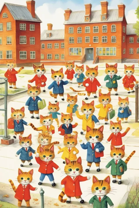 <lora:Richard Scarry Style:1>Richard Scarry Style - school yard for cats dressed fashinable as kids, illustration for children book style of Richard Scarry