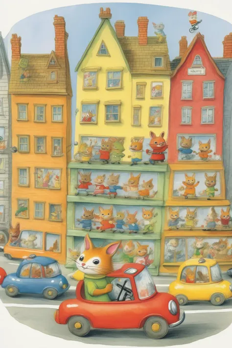 <lora:Richard Scarry Style:1>Richard Scarry Style - a busy drawing from a page of a childrens book by Richard Scarry, in the style of Richard Scarry, busy drawing of animal people driving cars and in buildings and running and climbing