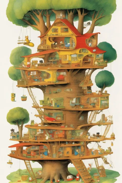 <lora:Richard Scarry Style:1>Richard Scarry Style - create graphic image of a cross section of a tree house with many rooms. busy. in style of richard scarry.