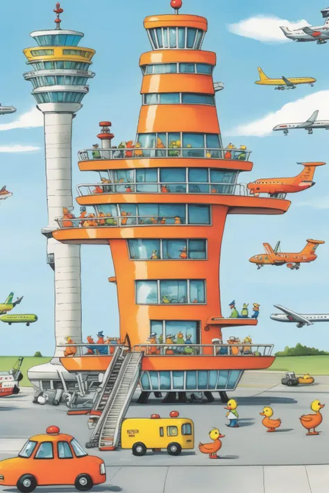 <lora:Richard Scarry Style:1>Richard Scarry Style - Create Richard scarry inspired drawing of an organization illustrated as an airport with a large, modern terminal building and a control tower standing tall nearby. The tarmac is full of planes of various sizes and colors, some parked and others taking off or landing. In the foreground, a group of airport workers in bright orange vests direct traffic and load luggage onto a plane with a conveyor belt. A pilot can be seen walking towards his plane, ready to board. In the control tower, a traffic controller with a headset watches over the entire operation, monitoring the radar and communicating with the pilots. Don't forget to add some fun details, like a runaway luggage cart or a family of ducks waddling by!