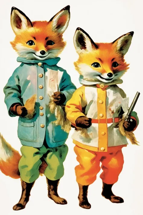 <lora:Richard Scarry Style:1>Richard Scarry Style - a vintage poster showing fox cubs with thief costume, in the style of 1960's panels by Ezra Jack Keats and Norman Rockwell and Eric Carle, iridescent tints, oil on copper, isolated on a white background