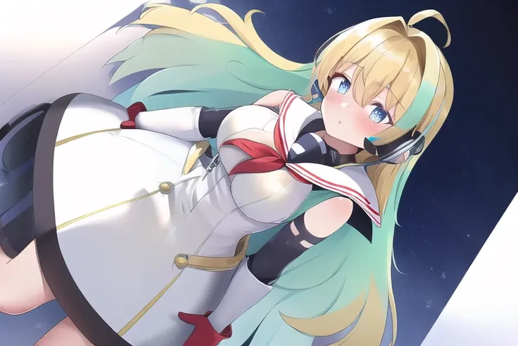 masterpiece, best quality, 1girl, solo, blue eyes, blonde hair, long hair, dress, white dress, multicolored hair, neckerchief, sailor dress, red neckerchief, gloves, looking at viewer, blush, breasts, hair intakes, arms, colored inner hair, headset, white sailor collar, boots, bodysuit, bangs, two-tone hair, hair between eyes