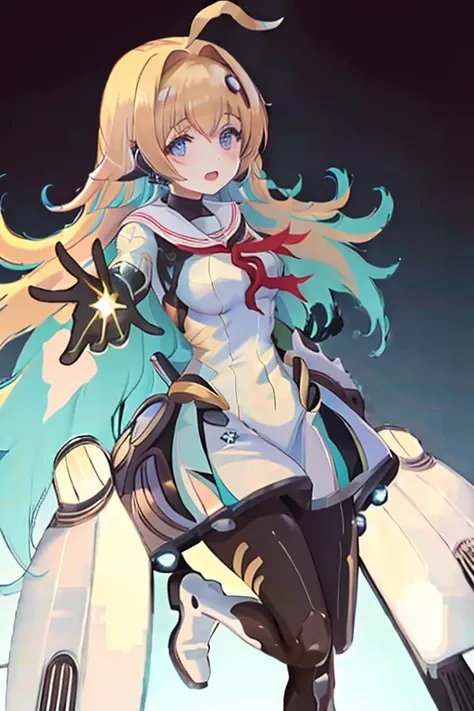 masterpiece, best quality, 1girl, blonde hair, blue eyes, llmy\(shadowverse\), long hair, looking at viewer, solo, open mouth, sailor collar, medium breasts, multicolored hair, bodysuit, gloves, red neckerchief, boots, white dress, bangs, black gloves, blush, pantyhose, two-tone hair, colored inner hair