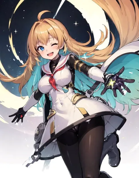 masterpiece, best quality, 1girl, blonde hair, blue eyes, llmy\(shadowverse\), long hair, looking at viewer,one eye closed, smile, open mouth, sailor collar, medium breasts, multicolored hair, bodysuit, gloves, red neckerchief, boots, white dress, bangs, black gloves, blush, pantyhose, two-tone hair, colored inner hair,sky background, reaching out,