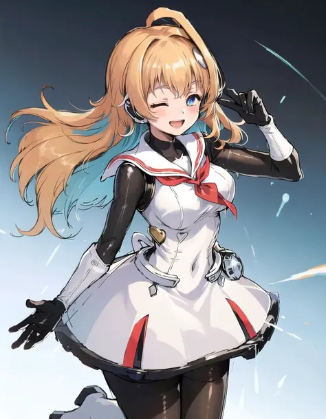 masterpiece, best quality, 1girl, blonde hair, blue eyes, llmy\(shadowverse\), long hair, looking at viewer,one eye closed, smile, open mouth, sailor collar, medium breasts, multicolored hair, bodysuit, gloves, red neckerchief, boots, white dress, bangs, black gloves, blush, pantyhose, two-tone hair, colored inner hair