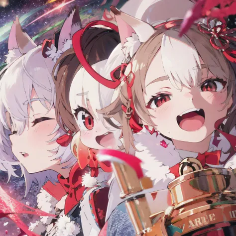 (3girls:1.3), (head portrait), (extreme close-shot),person on the right at the forefront, person on the left at the rear, middle person equidistant from both, album cover, bow, braid, closed eyes, cover, fishnets, grin, hair bow, halftone, hat, light particles, multiple girls, open mouth, ribbon, smile, space, star \(sky\), starry sky, twin braids, from side,<lora:sekkatest:1.0>,cover, (highres, realistic, best quality, masterpiece, ultra-detailed, textured, ambient lighting, cinematic lighting), animal ears , fox ears, animal ear fluff ,bangs , red eyes , multicolored hair , twintails , animal ear fluff ,brown hair , hair ornament ,bell, ,neck bell , fox girl , jingle bell ,gloves , fur trim , ribbon ,two-tone hair ,japanese clothes ,off shoulder ,bare shoulders ,collar ,bow ,long sleeves , streaked hair ,blush , black gloves , tail ,((white hair)), fox tail , kimono ,wide sleeves , red bow , red ribbon ,multiple tails , red hair , collarbone , hair ribbon , short hair , choker , socks , shorts , ribbon trim , sash , black shorts , rope , small breasts , white kimono , fur-trimmed sleeves , tabi , black footwear , black socks , gradient hair , v-shaped eyebrows , dress ,sandals , hair between eyes , obi , medium hair , grey hair , thick eyebrows , short twintails , strapless , sweat , shimenawa , fur-trimmed kimono kitsune, earrings, japanese flag, jewelry