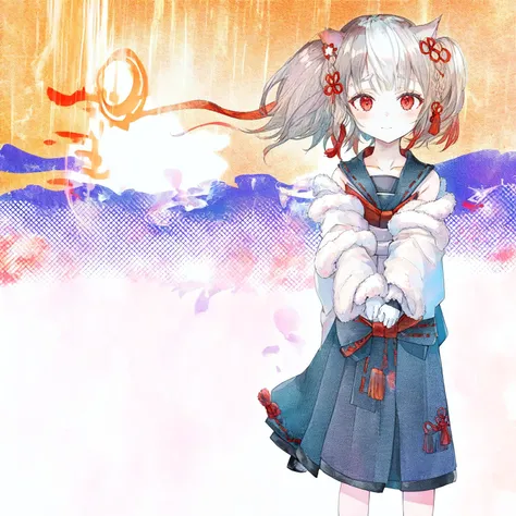 <lora:sekkatest:1.1>,1girl, standing, long shot, light smile, despair, (highres, realistic, best quality, masterpiece, ultra-detailed, textured, ambient lighting, cinematic lighting), animal ears ,1girl , fox ears, animal ear fluff ,bangs , red eyes , multicolored hair , twintails , animal ear fluff ,brown hair , hair ornament ,bell , solo , looking at viewer ,braid ,neck bell , fox girl , jingle bell ,gloves , fur trim , ribbon ,two-tone hair ,japanese clothes ,off shoulder ,bare shoulders ,collar ,bow ,long sleeves , streaked hair ,blush , black gloves , tail ,white hair , fox tail , kimono ,wide sleeves , red bow , red ribbon ,multiple tails , red hair , collarbone , hair ribbon , short hair , choker , socks , shorts , ribbon trim , sash , black shorts , rope , small breasts , white kimono , fur-trimmed sleeves , tabi , black footwear , black socks , gradient hair , v-shaped eyebrows , dress ,sandals , hair between eyes , obi , medium hair , grey hair , thick eyebrows , short twintails , strapless , sweat , shimenawa , outdoors , fur-trimmed kimono kitsune,white half sun,cloud,white background,orange sky, lens flare, back lighting, <lora:style_Momoko:1>