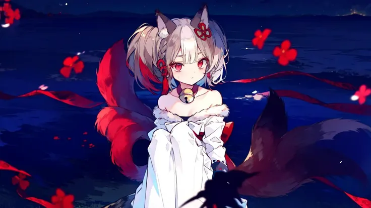 <lora:sekkatest:1.0>,1girl, laying, sleep, wing, full shot, cover, (highres, realistic, best quality, masterpiece, ultra-detailed, textured, ambient lighting, cinematic lighting), animal ears ,1girl , fox ears, animal ear fluff ,bangs , red eyes , multicolored hair , twintails , animal ear fluff ,brown hair , hair ornament ,bell , solo ,braid ,neck bell , fox girl , jingle bell ,gloves , fur trim , ribbon ,two-tone hair ,japanese clothes ,off shoulder ,bare shoulders ,collar ,bow ,long sleeves , streaked hair ,blush , black gloves , tail ,((white hair)), fox tail , kimono ,wide sleeves , red bow , red ribbon ,multiple tails , red hair , collarbone , hair ribbon , short hair , choker , socks , shorts , ribbon trim , sash , black shorts , rope , small breasts , white kimono , fur-trimmed sleeves , tabi , black footwear , black socks , gradient hair , v-shaped eyebrows , dress ,sandals , hair between eyes , obi , medium hair , grey hair , thick eyebrows , short twintails , strapless , sweat , shimenawa , outdoors , fur-trimmed kimono kitsune, earrings, japanese flag, jewelry, blue background, sky, red petals <lora:Onineko:1>