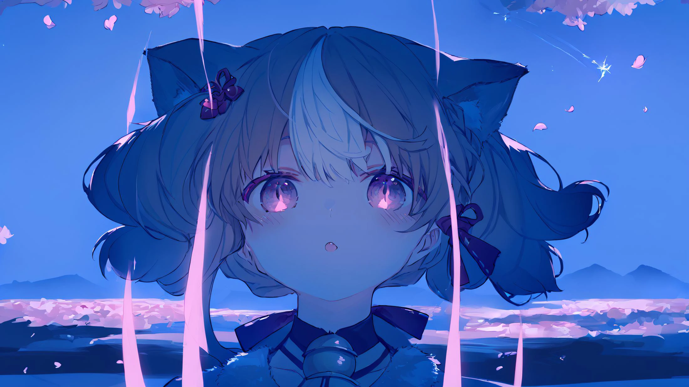 1girl, bangs, blue sky, cloud, eyebrows visible through hair, glowing, jacket, looking at viewer, night, night sky, parody, pink eyes, purple eyes, rainbow, shooting star, sky, solo, sparkle, star \(sky\), starry sky, score_9, score_8_up, score_7_up, best quality, masterpiece, 4k, uncensored, prefect lighting, very aesthetic, anime BREAK, 1girl, ((cherry blossoms)), red eyes, multicolored hair, brown hair, animal ears, gloves, bell, streaked hair, black gloves, white hair, off shoulder, neck bell, fur trim, twintails, wide sleeves, japanese clothes, black footwear, animal ear fluff, braid, bare shoulders, long sleeves, ribbon, fox ears, bangs, socks, blush, black socks, collar, bow, hair ornament, shorts, kimono, red bow, red ribbon, collarbone, fox girl, fang, hair ribbon, sandals, geta, jingle bell, sash, ((official art)), <lora:cecilia_shiro_seijo_sdxl_locon_pony_v1:1>, <lora:SekkaPonyTest:1> <lora:detailed_notrigger:1>