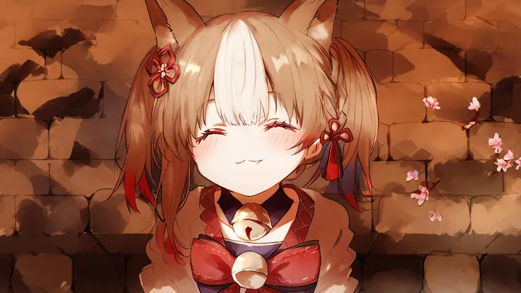1girl, bow, bowtie, brick, brick floor, brick wall, brooch, chain-link fence, closed eyes, closed mouth, fence, hair ornament, honeycomb \(pattern\), honeycomb background, lisbeth, outdoors, smile, solo, stone floor, stone wall, striped, striped bow, striped bowtie, upper body, wall, score_9, score_8_up, score_7_up, best quality, masterpiece, 4k, uncensored, prefect lighting, very aesthetic, anime BREAK, 1girl, ((cherry blossoms)), red eyes, multicolored hair, brown hair, animal ears, gloves, bell, streaked hair, black gloves, white hair, off shoulder, neck bell, fur trim, twintails, wide sleeves, japanese clothes, black footwear, animal ear fluff, braid, bare shoulders, long sleeves, ribbon, fox ears, bangs, socks, blush, black socks, collar, bow, hair ornament, shorts, kimono, red bow, red ribbon, collarbone, fox girl, fang, hair ribbon, sandals, geta, jingle bell, sash, ((official art)), <lora:cecilia_shiro_seijo_sdxl_locon_pony_v1:1>, <lora:SekkaPonyTest:1> <lora:detailed_notrigger:1>, straight-on