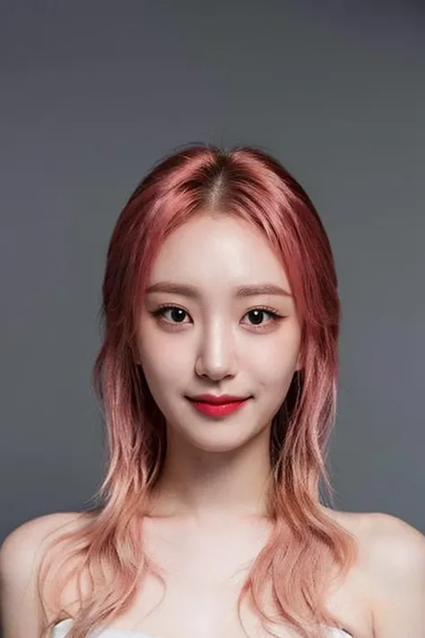 (masterpiece, top quality, best quality, (close-up photograph: 2), ((1girl)), fair skin, (((closed lips))), small eyes, (extremely detailed face), looking straight, ultra-detailed eyes and pupils, ((bare pectorals)), ((bare chest)), bare head, nude dress, (((bare shoulders))), symmetrical frame, ((strapless)), (((smile))), ((symmetrical pose)), looking at viewer, (((looking at viewer))), (symmetrical face: 1.6), 35mm, simple grey background, ((studio lighting)), no watermark, ((long wavy dark pink hair)), <lora:hwiseolorashy:1>