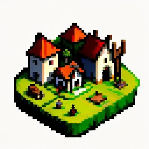isometric medieval village, simple background, flat colors <lora:vscharacter64-v1:0.85>