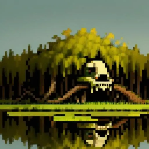 isometric Taiga Marsh, Swampy region with stunted trees, the smell and rot of death everywhere, simple background, flat colors <lora:vscharacter64-v1:0.85>