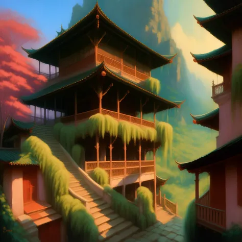 photo, KawloonCity style, a painting of a very tall building with lots of windows