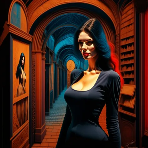 photo, DarknessEighties style a painting of a woman standing in front of a painting
