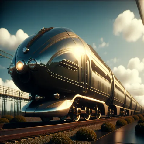photo, a train traveling down train tracks next to a lush green park filled with lots of trees