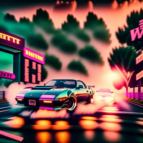 photo, a digital painting of a car driving down a road with neon lights on it