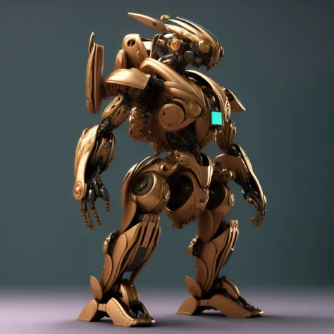 photo, there is a robot that is standing in the middle of a gray background