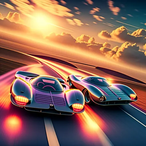 photo, two futuristic cars driving down a road with the sun in the sky behind them