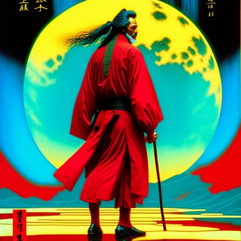 photo, a painting of a man with long hair standing in front of a full moon