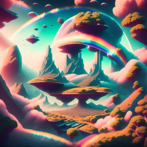 photo, an artist's rendering of a futuristic landscape with a rainbow in the sky