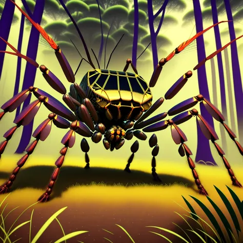photo, a giant spider with a car in the middle of it's legs