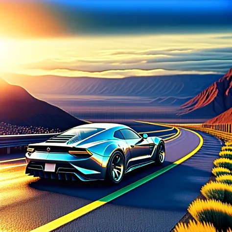 photo, a silver sports car driving down a road in the middle of the desert