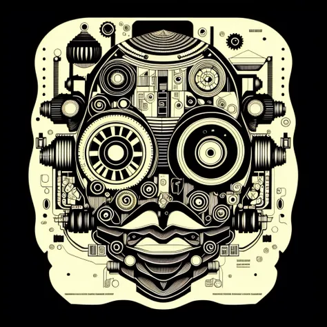 photo, a black and white drawing of a man's face with a lot of gears on it