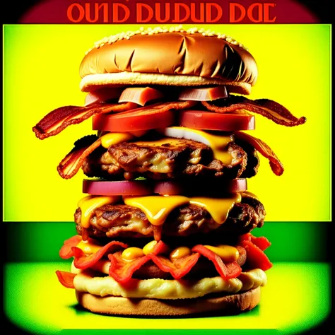 photo, QuadBurger style, a large hamburger with bacon, cheese, tomatoes, and other toppings