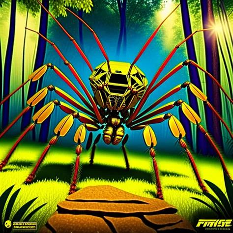 photo, a giant spider in the middle of a forest with trees in the background