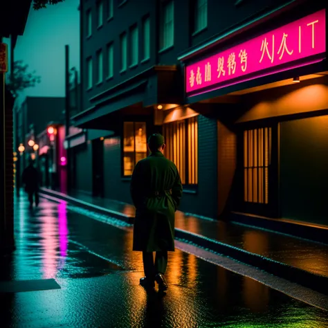 photo, a man walking down a rain soaked street in front of a neon sign