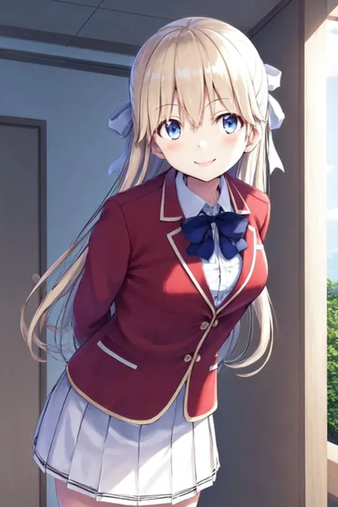 masterpiece, best quality, highres, 1girl tsubasa nanase blonde hair blue eyes, school uniform red jacket white shirt white skirt white ribbon <lora:tsubasa_nanase:1> smile, leaning forward, arms behind back