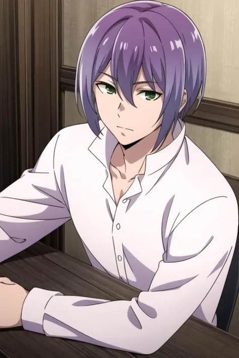 masterpiece, best quality, game cg, 1boy, solo, male focus, looking at viewer, , , anime coloring, realistic, <lora:clen_kaminaki_sekai:0.68>, clen_kaminaki_sekai, purple hair, green eyes