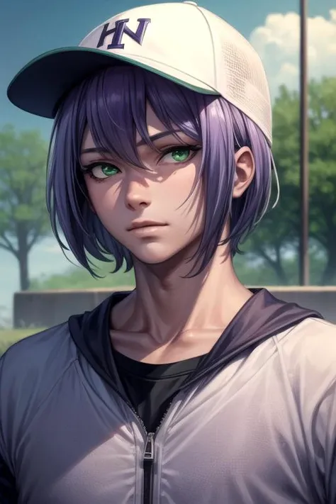 masterpiece, best quality, photorealistic, 1boy, solo, male focus, looking at viewer, , depth of field, , realistic, <lora:clen_kaminaki_sekai:0.66>, clen_kaminaki_sekai, purple hair, green eyes, , baseball cap, sci-fi, 32k resolution
