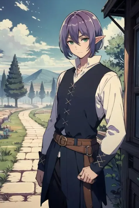 masterpiece, best quality, sketch, 1boy, solo, male focus, looking at viewer, , , ligne claire, , <lora:clen_kaminaki_sekai:0.68>, clen_kaminaki_sekai, purple hair, green eyes, renaissance costume, Middle Earth: A vast and ancient world, home to Elves, Dwarves, Hobbits, and Wizards,