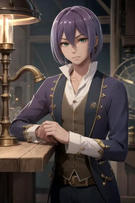 masterpiece, best quality, wallpaper, 1boy, solo, male focus, looking at viewer, , depth of field, anime coloring, , <lora:clen_kaminaki_sekai:0.72>, clen_kaminaki_sekai, purple hair, green eyes, jester costume, science fiction steam punk,