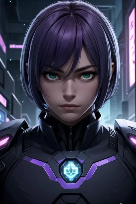 masterpiece, best quality, wallpaper, 1boy, solo, male focus, looking at viewer, upper body, , , , <lora:clen_kaminaki_sekai:0.66>, clen_kaminaki_sekai, purple hair, green eyes, , , science fiction cyber-noir, 32k resolution