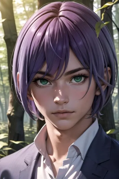masterpiece, best quality, photorealistic, 1boy, solo, male focus, looking at viewer, upper body, , ligne claire, realistic, <lora:clen_kaminaki_sekai:0.74>, clen_kaminaki_sekai, purple hair, green eyes, scarecrow costume, mushroom forest,