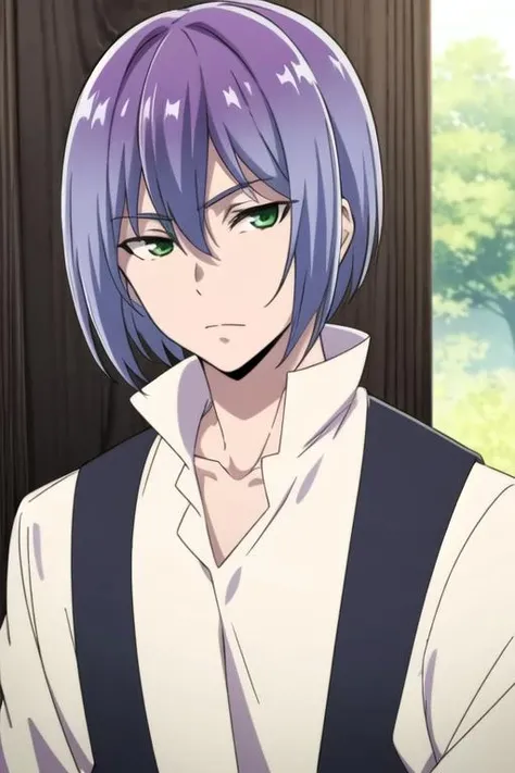 masterpiece, best quality, sketch, 1boy, solo, male focus, looking at viewer, , , , , <lora:clen_kaminaki_sekai:0.74>, clen_kaminaki_sekai, purple hair, green eyes