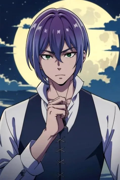 masterpiece, best quality, wallpaper, 1boy, solo, male focus, looking at viewer, upper body, , , , <lora:clen_kaminaki_sekai:0.68>, clen_kaminaki_sekai, purple hair, green eyes, , moon, High definition