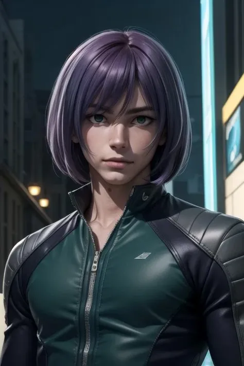 masterpiece, best quality, sketch, 1boy, solo, male focus, looking at viewer, upper body, , , realistic, <lora:clen_kaminaki_sekai:0.72>, clen_kaminaki_sekai, purple hair, green eyes, biker costume, science fiction superhero, High resolution